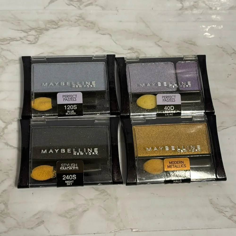 Maybelline, eyeshadow colors night sky, lasting lilacs, golden halo ,blue blazes